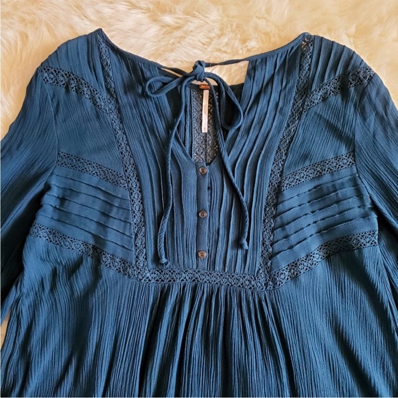 Free People sweet treat dress teal gauze button mini dress long sleeve Large - Picture 7 of 11